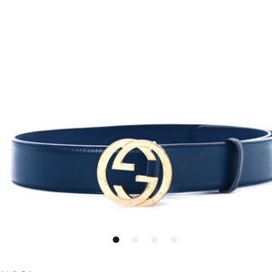 Gucci Dark Blue Belt with Gold GG Buckle